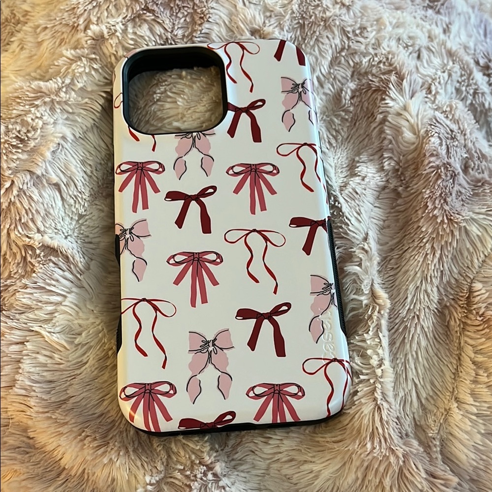 iPhone, 16 Pro Max: Stylish Casely Bow Pattern Phone Case - White and Red